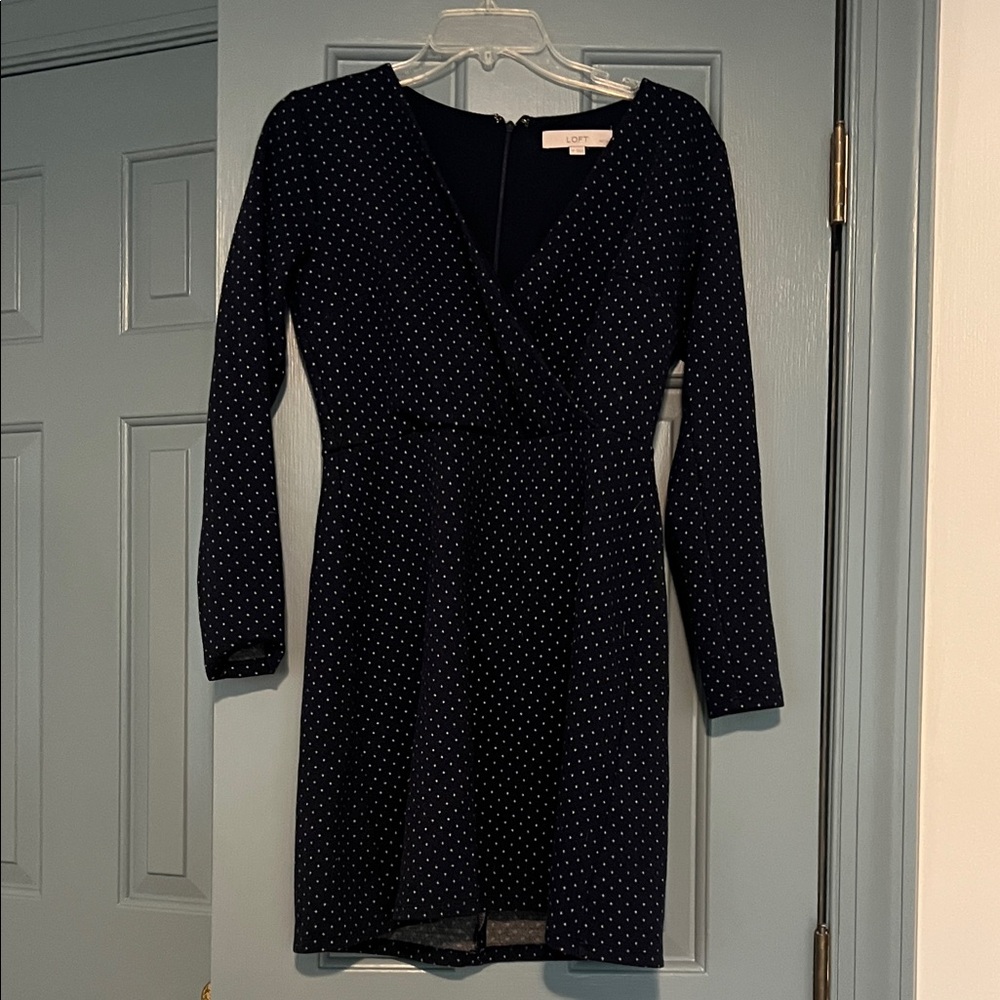 LOFT Dark Blue Long Sleeve Dress with Dots